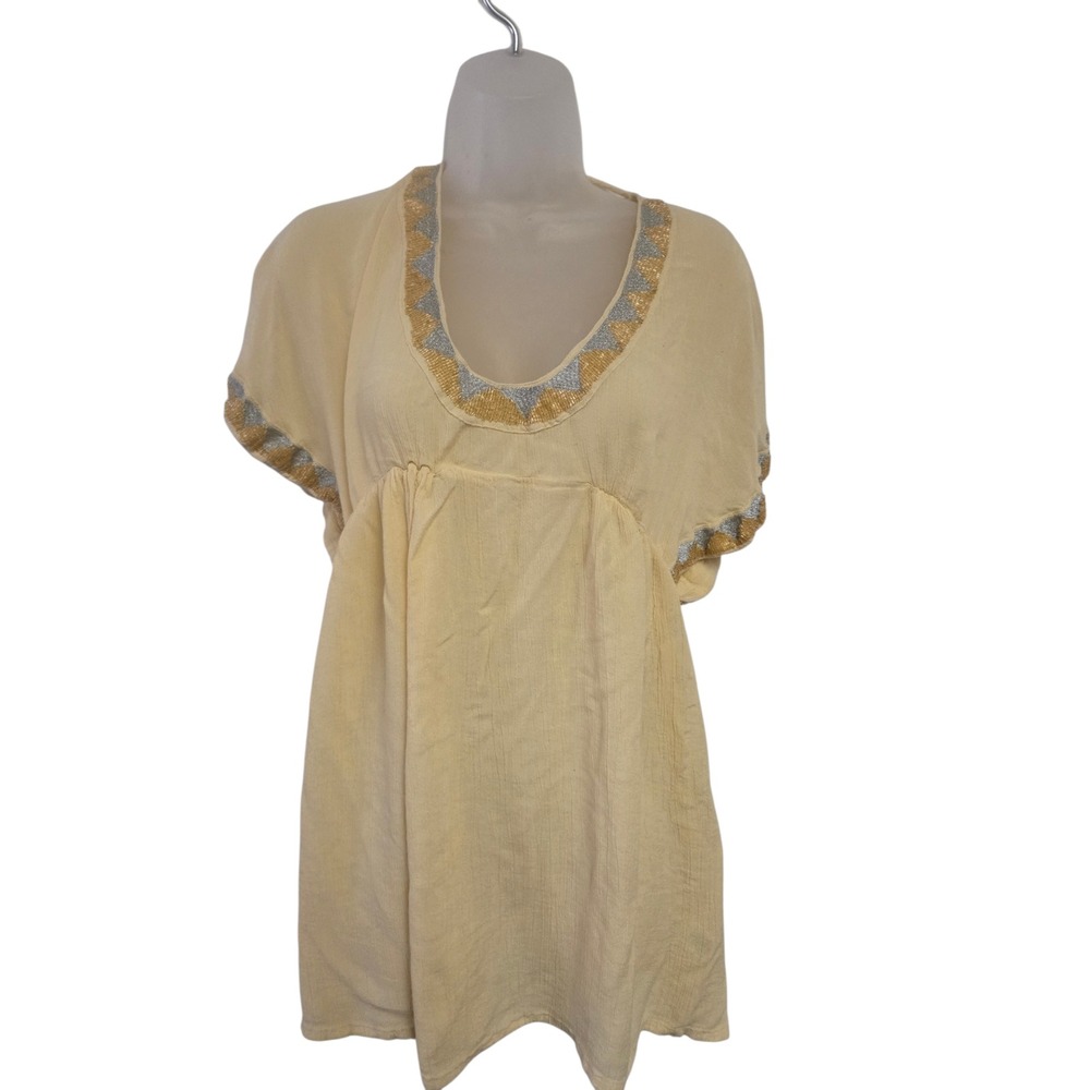 Warehouse Yellow Beaded Empire Waist Mini Dress Tunic‎ Boho Deep V Back Small